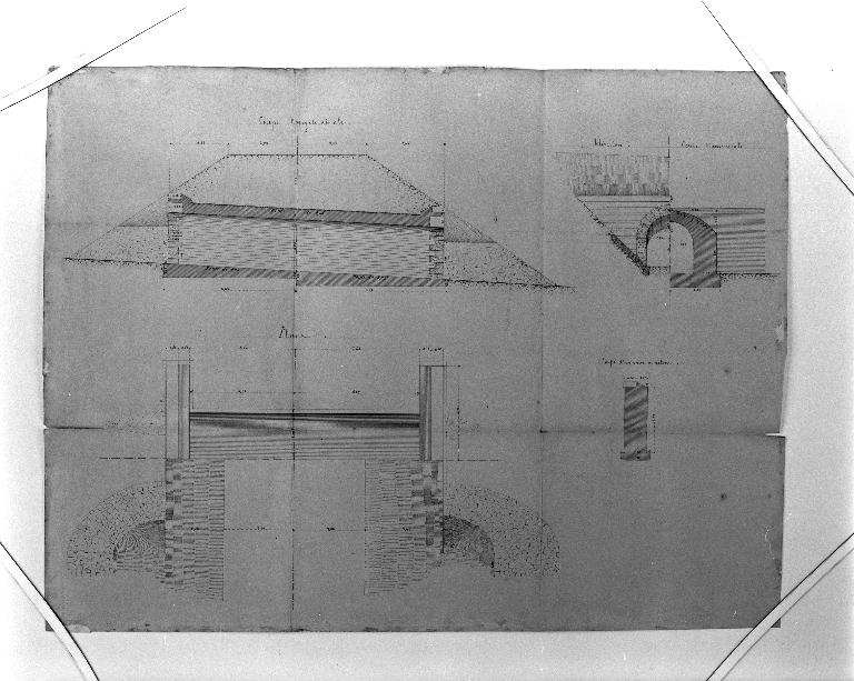 Projet de construction de la partie comprise dans la traversée. Dessin de Ponceau 1869. Coupes longitudinale, transversale, élévation, plan. 