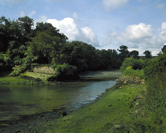 Vue générale d'est en ouest ; au premier plan, les traces de l'emplacement de l'écluse ; L'ancien bassin de construction du Montmarin