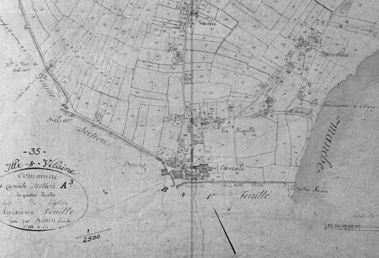 Le bourg ancien et les écarts aujourd'hui parties intégrantes de la ville ; La partie nord de l'ancien bourg sur le cadastre de 1828 ; Sur le cadastre de 1828 : le moulin de Bel-Air (à gauche) et les fours à chaux (à droite)