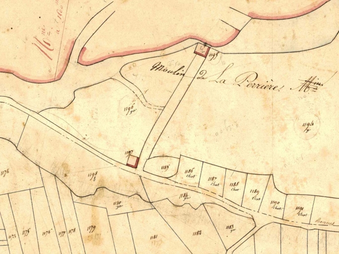 Vue de situation sur le cadastre de 1831 ; Le moulin à eau de la Perrière sur le cadastre de 1831