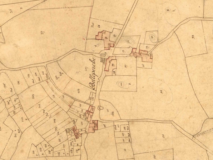 Vue de situation sur le cadastre de 1831 ; Vue de situation sur le cadastre de 1831 ; alignement en haut à droite de l'image ; Extrait du cadastre de 1831 ; noter la chapelle ruinée en haut de l'image ; Belle Perche en 1831 ; noter les ruines de la chapelle en haut de l'image