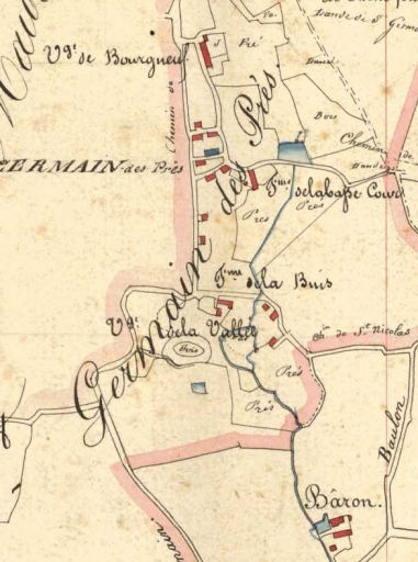 La ferme sur le tableau d'assemblage du cadastre 'napoléonien' ; L'église en bleu à gauche au centre haut sur l'image ; La ferme de la Buie sur le tableau d'assemblage du cadastre 'napoléonien' ; L'ancienne commune de Saint-Germain-des-Prés ; La Vallée sur le tableau d'assemblage du cadastre 'napoléonien'