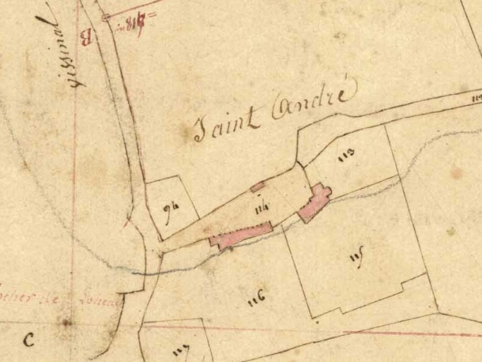 Les édifices à l'est de l'écart sur le cadastre napoléonien ; Le site, à droite sur l'image, sur le cadastre 'napoléonien'