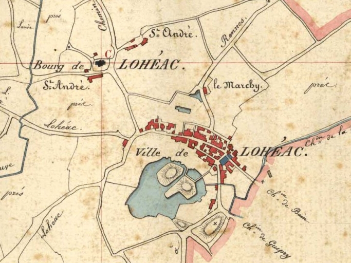 Emplacement de l'ancienne église à l'écart du village ; Saint-André sur le tableau d'assemblage du cadastre 'napoléonien' ; La 'ville' sur le tableau d'assemblage du cadastre 'napoléonien' ; Les mottes castrales au sud du village