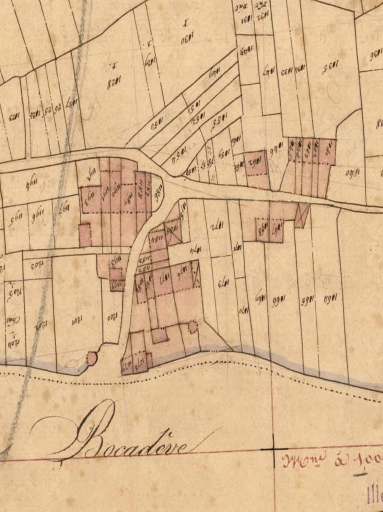Vue de situation sur le cadastre de 1831 : maison dans l'alignement de gauche ; Extrait du cadastre de 1831 ; Vue de situation sur le cadastre de 1831 : alignement au centre de l'image ; Vue de situation sur le cadastre de 1831 : maison dans l'alignement de gauche ; Bocadève : situation de l'écart sur le cadastre de 1831
