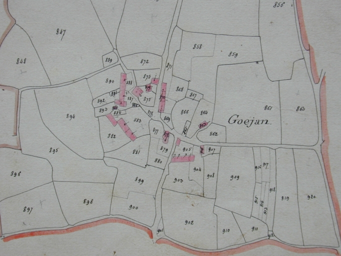 Extrait du cadastre ancien de 1828 (AD Morbihan, 3P) ; Extrait du cadastre ancien de 1828 (AD Morbihan, 3P) ; Extrait du cadastre ancien de 1828 (AD Morbihan, 3P) ; Extrait du cadastre de 1828 (AD Morbihan, 3P)