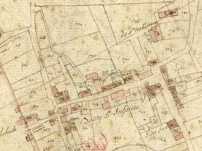 Le bourg de Saint-Sulpice sur le cadastre de 1826 ; L'église sur le cadastre de 1826