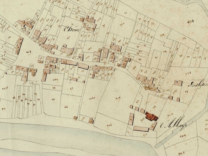 L'Abbaye sur le cadastre de 1818 ; En sombre, l'église sur le cadastre de 1818 ; Le village sur le cadastre de 1818