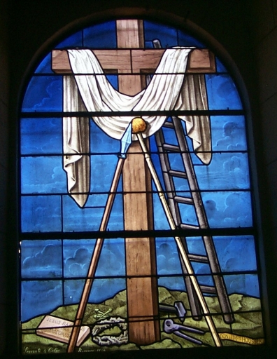 Ensemble des verrières à personnages des baies 1 à 8, 10 : saint Joseph, sainte Anne, saint Convoyon, saint Jean-Baptiste, Vierge de douleur, saint Pierre