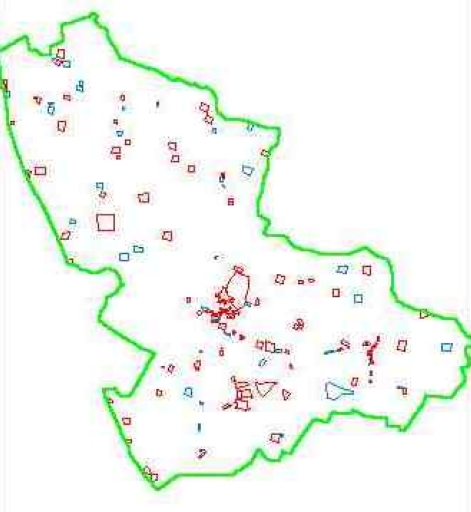 Carte des maisons et fermes recensées : en rouge, les ouvrages documentés ; Carte des maisons et fermes recensées : en bleu, les ouvrages non documentés