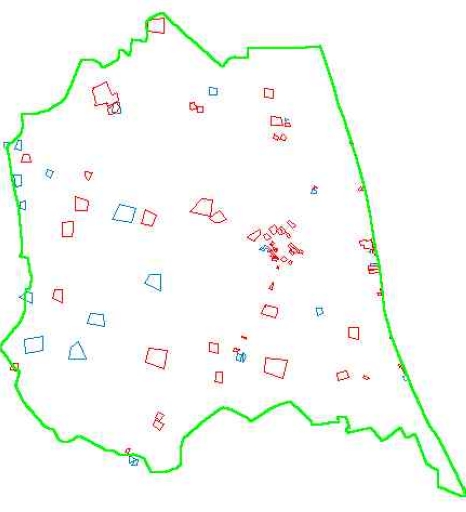 Carte des maisons et fermes recensées : en rouge, les ouvrages documentés ; Carte des maisons et fermes recensées : en bleu, les ouvrages non documentés