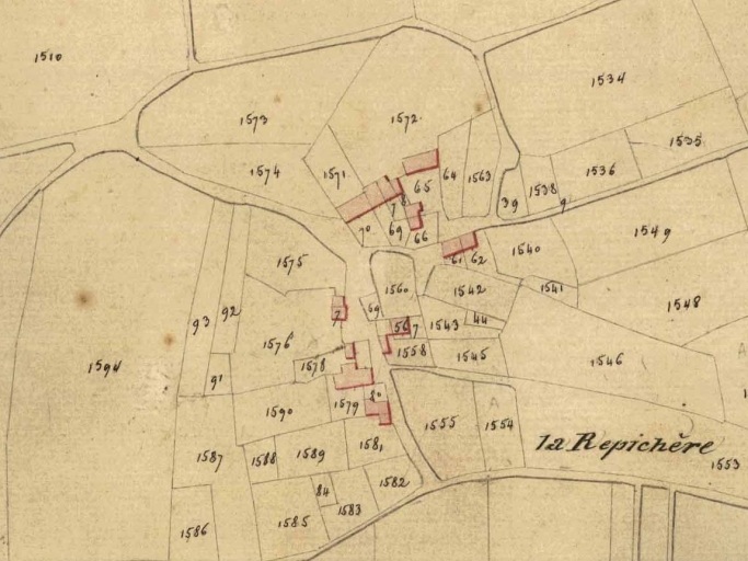 Cadastre vers 1825 ; Cadastre vers 1825 ; ouvrage construit sur les parcelles 64-65
