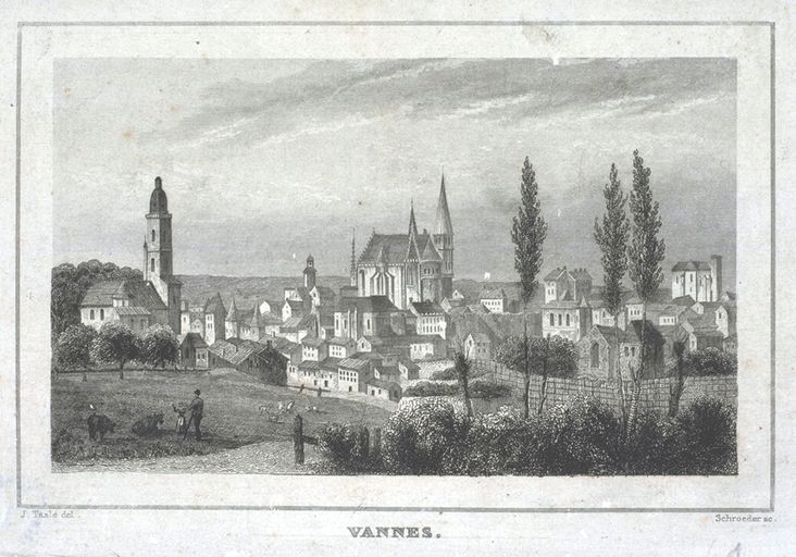 Vue de la ville de Vannes (prise du nord). Dessin par Taslé, 1836. AD Morbihan 2 Fi. ; Vue de la ville de Vannes (prise du nord). Dessin par Taslé, 1836. AD Morbihan 2 Fi. ; Vue de la ville de Vannes (prise du nord). Dessin par Taslé, 1836. AD Morbihan 2 Fi. ; Vue de la ville de Vannes (prise du nord) : la cathédrale, l'église Saint-Patern, le prieuré Saint-Symphorien. Dessin par Taslé, 1836. AD Morbihan 2 Fi.