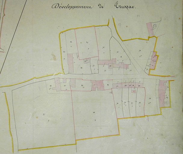 Plan cadastral 1844 : développement de Trussac, section G1. AD Morbihan 3P593. ; Plan cadastral 1844 : développement de Trussac, section G1. AD Morbihan 3P593. ; Plan cadastral 1844, section G1. AD Morbihan 3P593.