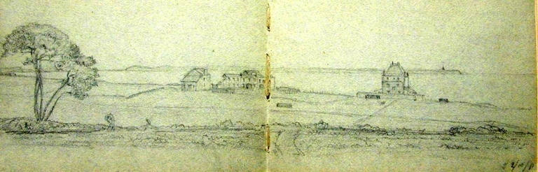 Le Pouldu en 1891, avec l'Hôtel des Dunes à gauche et la ville Castel Tréaz à droite. Dessin au crayon (Coll.part.)