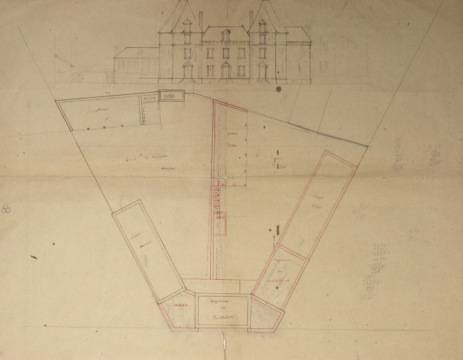 Projet de mairie-écoles sur un modèle de château à la fin du 19e siècle ; Projet de mairie-écoles sur un modèle de château à la fin du 19e siècle