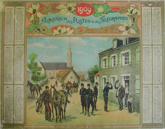 La mairie sur l'almanach de 1909 ; Le village sur l'amanach des Postes de 1909