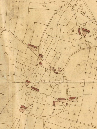 Le cadastre de 1824 ; Le cadastre de 1824 ; Le cadastre de 1824 ; ferme en bas à droite, parcelle 817