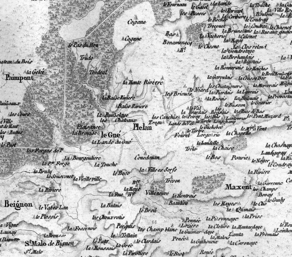 La commune sur la carte des Cassini levée vers 1783 ; Extrait de la carte des Cassini levée vers 1784