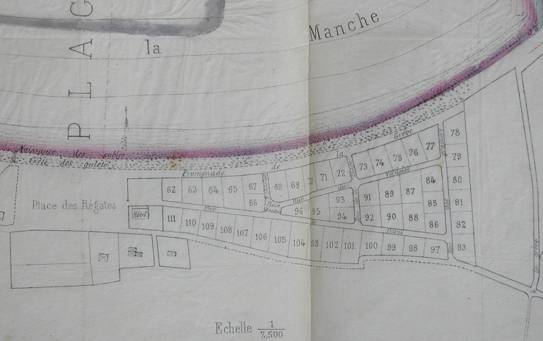 Projet de lotissement des graviers des Monts-Colleux, extrait de plan du 5 août 1882 (Guillomoto, ingénieur ordinaire des Ponts-et-Chaussées / AD 22).