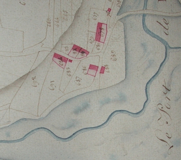 Cadastre 1811 : maison de Jean Le Péchon  ; Cadastre 1811 : quartier du Mûrier avec l'ancienne maison des salines, E 678 (AD 22)