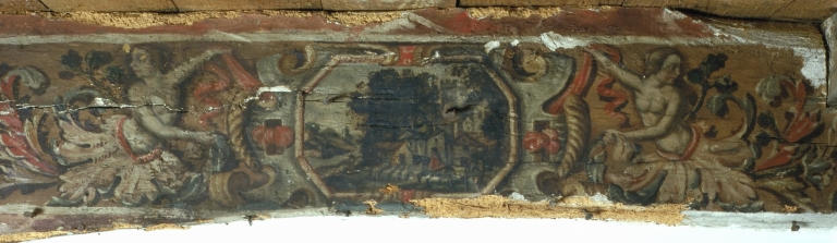 Partie sud, premier étage, pièce sud. Détail du décor peint du plafond