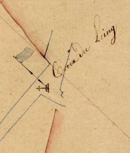 Extrait du cadastre de 1824, section B2 (A.D. Finistère, 3 P 076) ; La croix du Leing figurant sur le cadastre de 1824, section B2 (A.D. Finistère, 3 P 076)