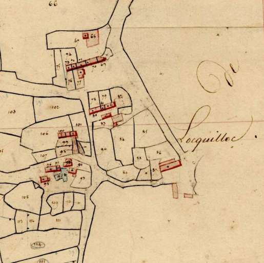 Partie ouest du village. Extrait du cadastre de 1824, section A 1 (A.D. Finistère, 3 P 076)