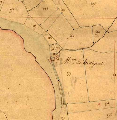 Le moulin de Hilliguet. Extrait du cadastre de 1823, section D 2 (A.D. Finistère, 3 P 354)