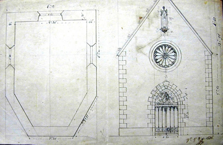 Plan et élévation de la chapelle par Joseph Bigot, 1846 (A.E. Quimper, 8 L. Fonds Bigot)