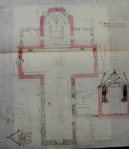 Reconstruction de deux ailes et du choeur en ruines. Projet de Joseph Bigot, vers 1850 (A. E. Quimper, 8 L)