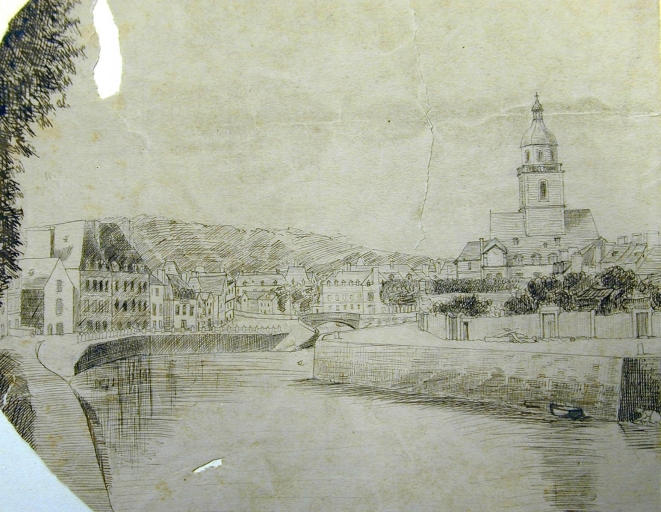 Le port, les quais et la basse ville. Dessin de Joseph Bigot, avant 1862 (A.E. Quimper)