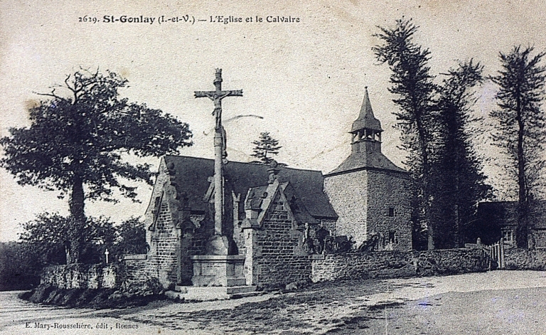 La croix originelle, sur une carte postale ancienne ; L'église et le cimetière sur une carte postale ancienne ; Le cimetière et l'église sur une carte postale ancienne ; L'église et le cimetière sur une carte postale ancienne