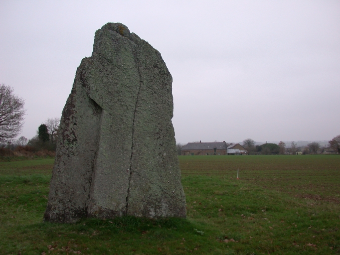 Le menhir de la Petite Barre ; Vue générale du Menhir depuis le Sud-est (en arrière plan, la ferme de la petite Barre)