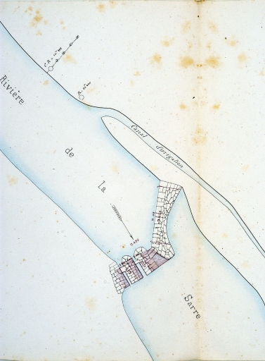 Extrait du cadastre ancien de 1828 (AD Morbihan, 3P) ; Plan de détail d'une pêcherie sur la Sarre près de Saint-Rivalain (?), 1859 ((AD Morbihan, S1100)