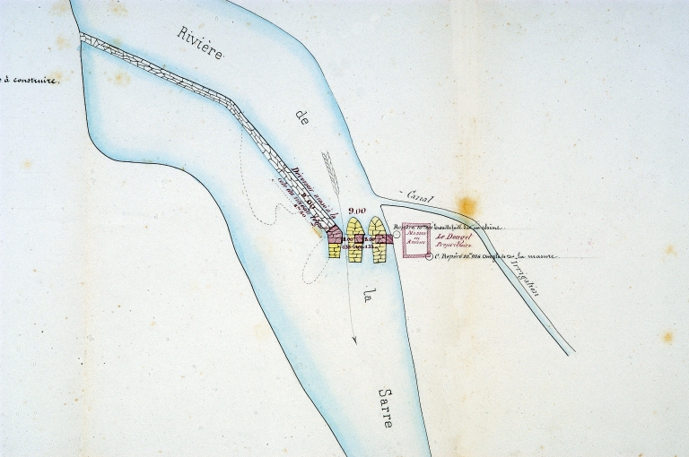 Plan de détail de la pêcherie sur la Sarre en amont du moulin du Poul, 1859 (AD Morbihan, S1100).