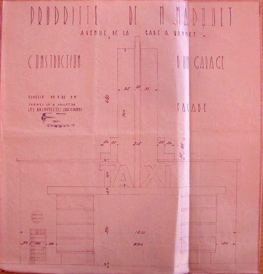 Elévation sur l'avenue du garage Marquet par Bardet et Lamourec, juillet 1932. AD Morbihan 5 M 230 garages.