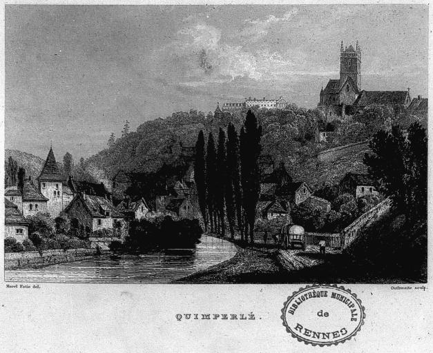 La vallée de l'Isole et la haute ville depuis la route de Quimper. Gravure de Morel-Fatio (Dans : Jules Janin, La Bretagne, 1844)