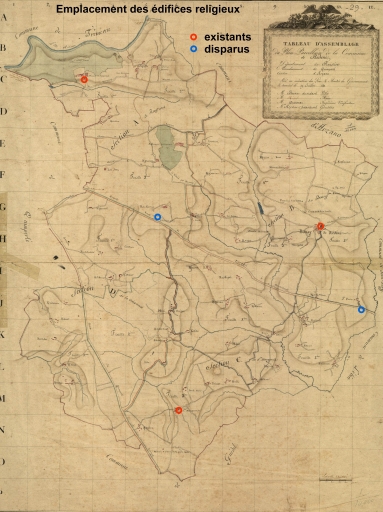 Emplacement des églises et chapelles sur fond du tableau d'assemblage de 1811