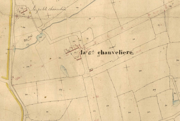 La Chauvelière en 1849, sur le cadastre ; L'écart sur le cadastre de 1849 ; Le manoir sur le cadastre de 1849 ; Le château sur le cadastre de 1849