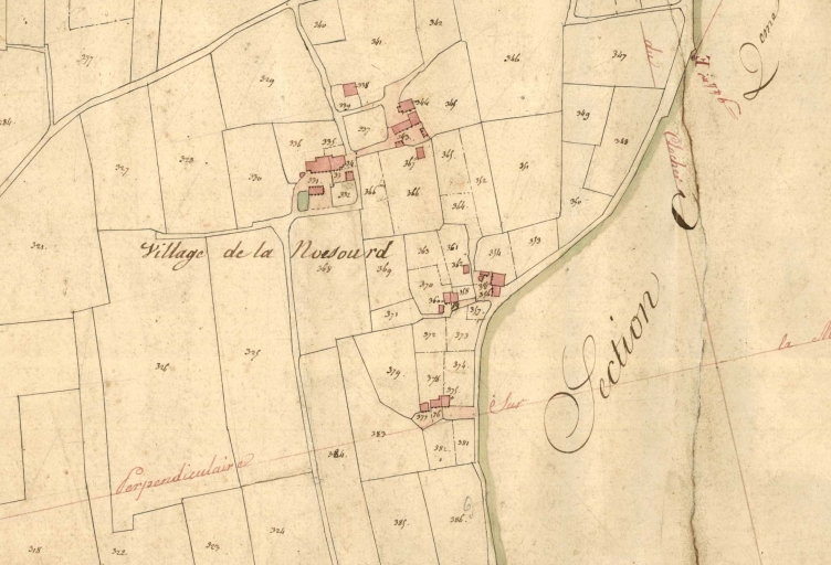 Extrait du cadastre de 1827 ; Le village de la Noë Sourd