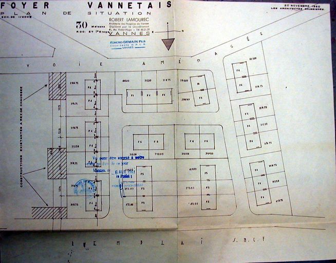 Plan du lotissement Le Foyer vannetais. AM Vannes 1O221. ; Lotissement concerté HLM Le Foyer vannetais, plan. AM Vannes 1O221.