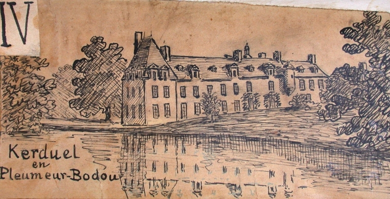 Vue générale du château de Kerduel d'après croquis réalisé par le vicomte Henri Frotier de La Messelière, 1ère moitié du 20ème siècle (AD 22)