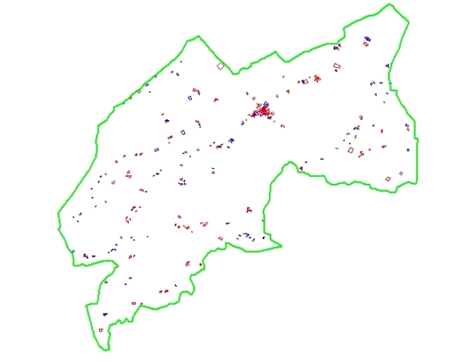 Carte du bâti antérieur au milieu du 20e siècle : en bleu, les maisons et fermes non analysées ; Carte du bâti antérieur au milieu du 20e siècle : en rouge, les maisons et fermes documentées