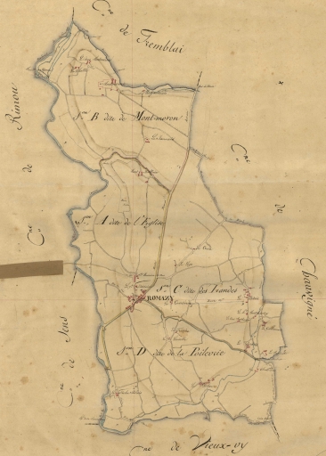 Tableau d'assemblage du cadastre de 1828 : la commune de Romazy