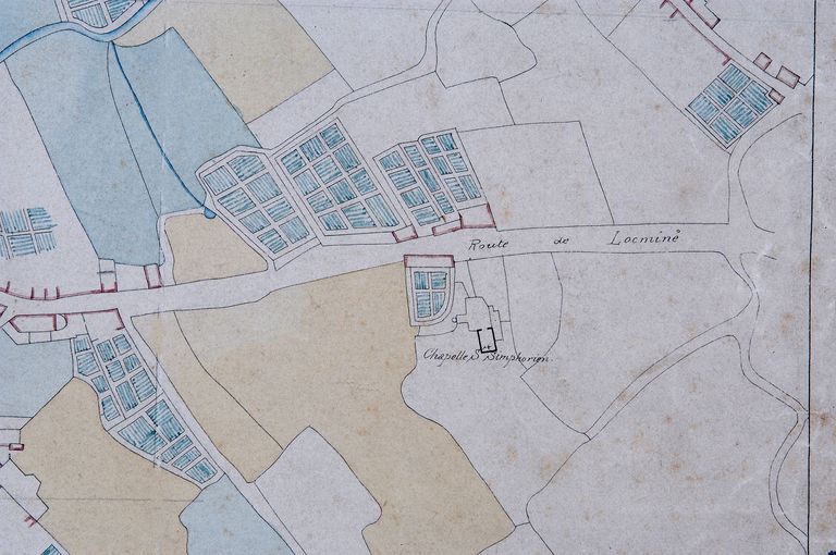 Vannes en 1785 avec indications des alignements projetés : détail prieuré Saint-Symphorien. AD Morbihan 1Fi88/1.