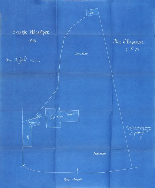 Etablissement d'une scierie mécanique route de Josselin par Le Jallé, 29 janvier 1919, plans par E. Gemain. AD Morbihan 5M232.