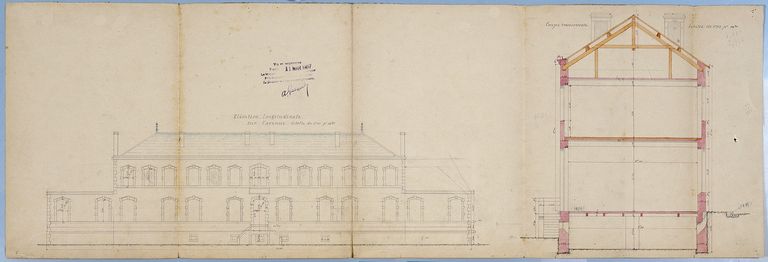 Elévation et coupe de l'école Germaine de Staël par Muiron,1906. AM Vannes 4 M 203.