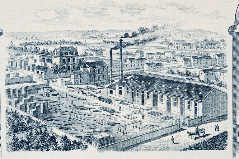 Papier à en-tête de l'entreprise. AM Vannes 7Fi. ; Vue générale de l'entreprise. Détail de l'en-tête, 1910. AM Vannes 7Fi.