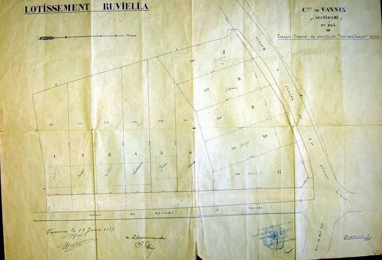 Plan parcellaire du lotissement Ruviella, 1937. AM Vannes 1O221.